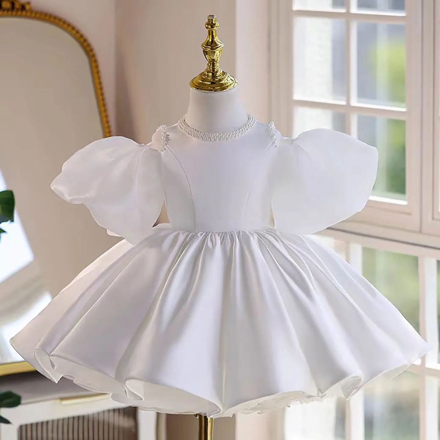 

Dreamy Vow D080 Lovely Puff Sleeves Flower Baby Girl Dress Satin Princess Kids Wedding Birthday First Communion Party Gown