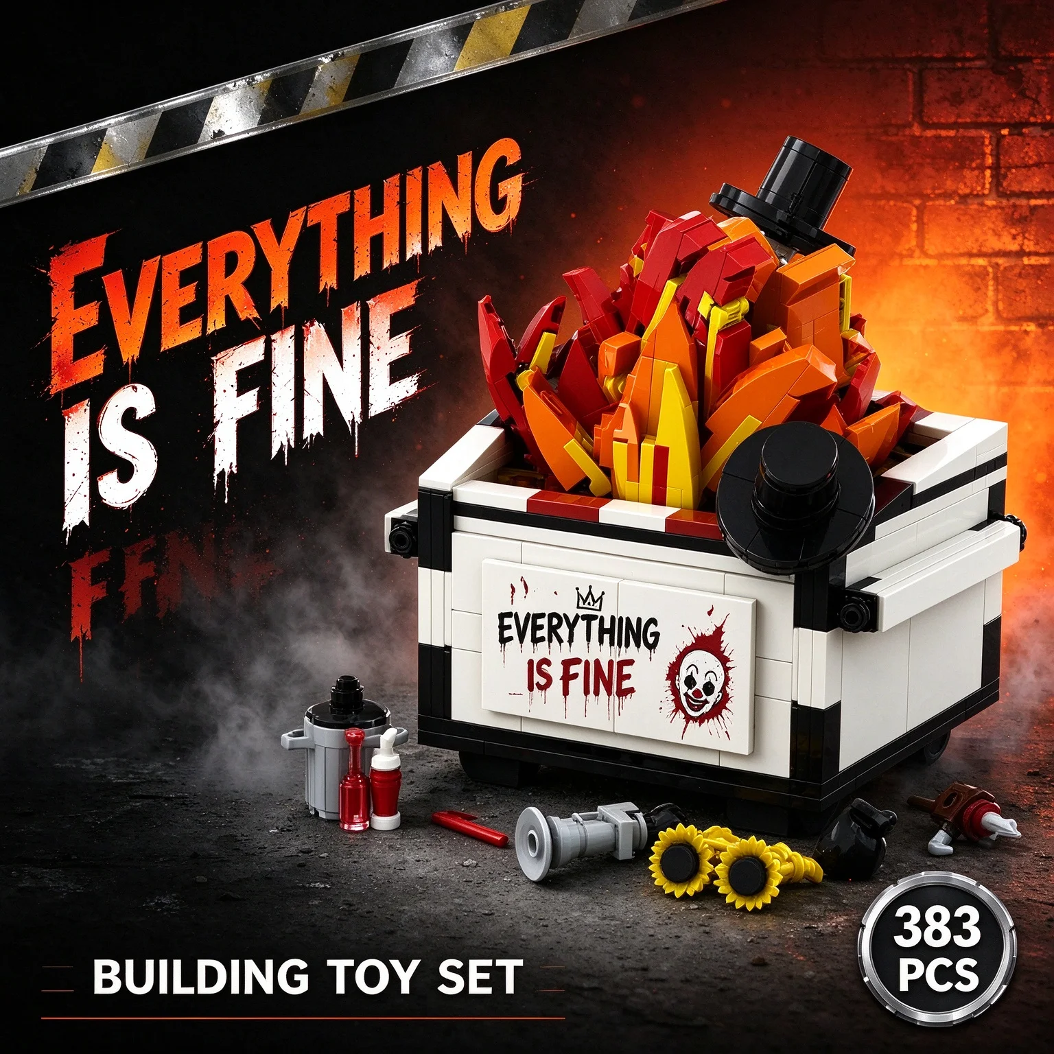 Creative MOC 383PCS Garbage Can on Fire Clown Drawer Pullable Building Blocks DIY Model Puzzle Toy Halloween Gift