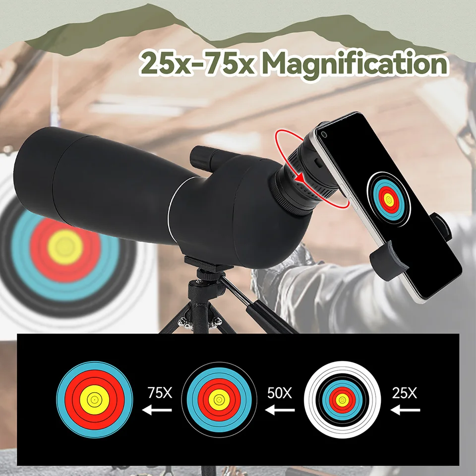 Imagem -06 - Svbony Sv28 Plus 2575x70 Luneta de Focalização Monocular com Tripé de Mesa e Adaptador para Smartphone para Tiro ao Alvo