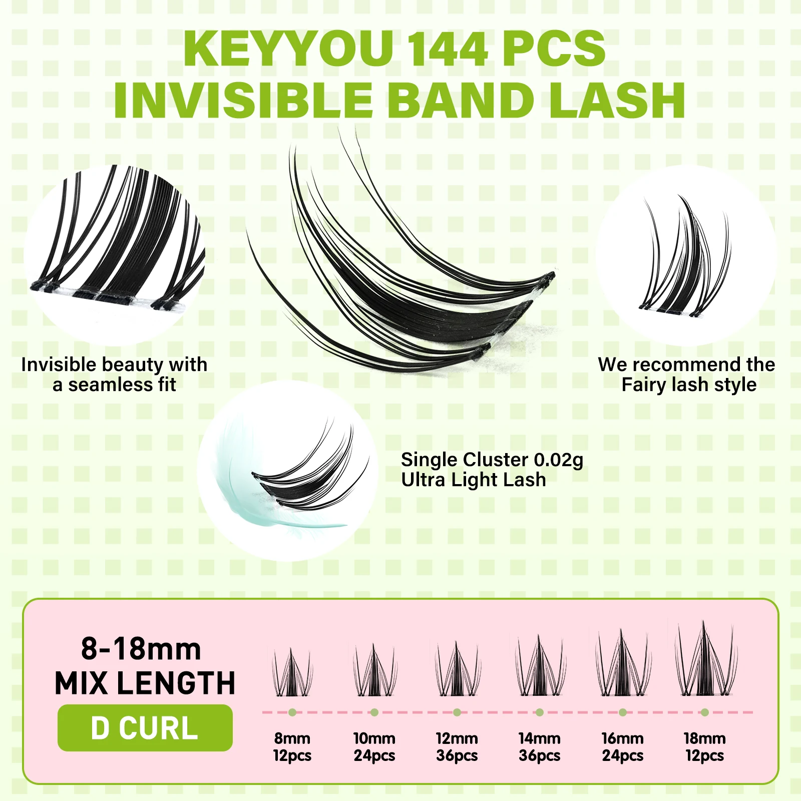KEYYOU Fairy Lash Clusters Soft Invisible Band Manga Lashes D Curl 8-18MIX