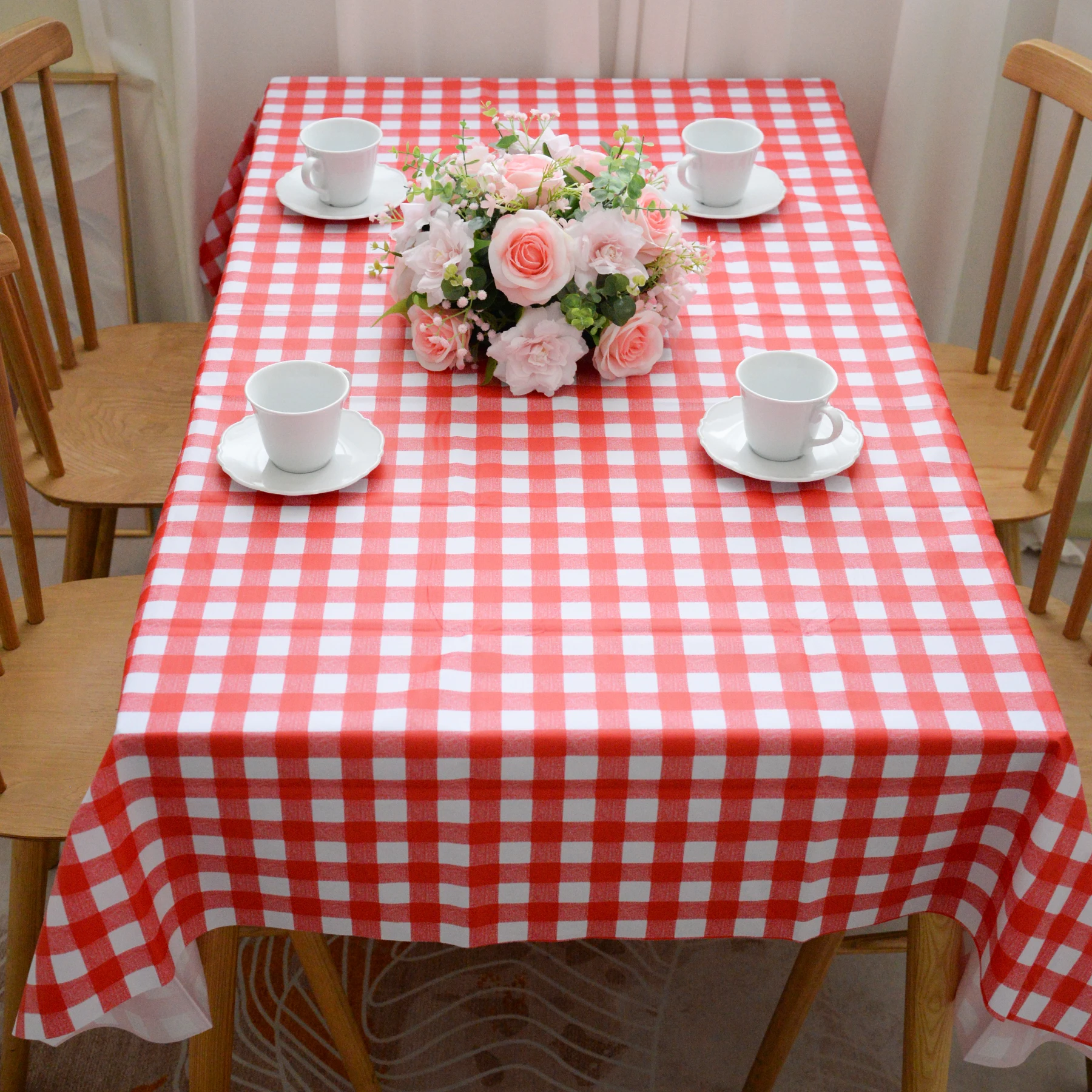 

Oilcloth Checkered Waterproof Tablecloths, Wipeable Reusable Table Cover for Outdoor Picnic Camping Dining Table, Red and White