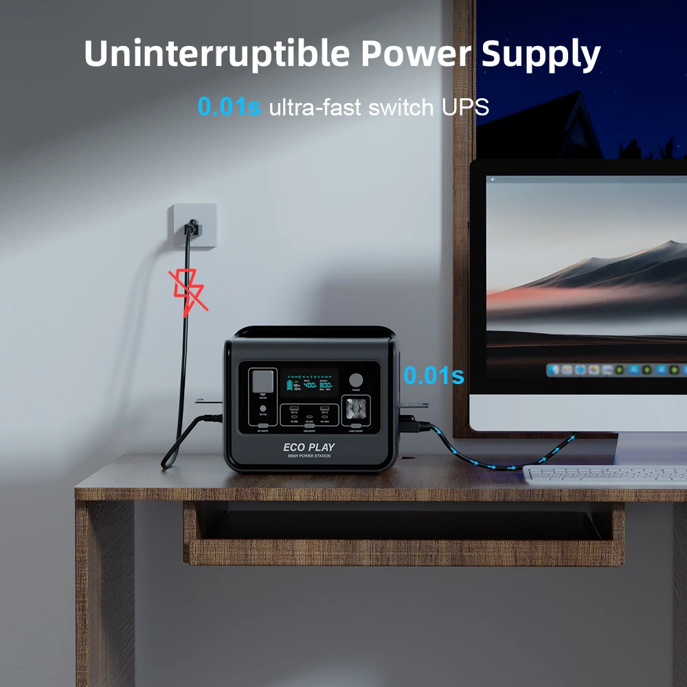 مصدر طاقة محمول Eco Play، EP800 512Wh، بطارية LiFeP04 مع منافذ تيار متردد 800 وات (1600 وات للتخييم في الهواء الطلق RV Home #3