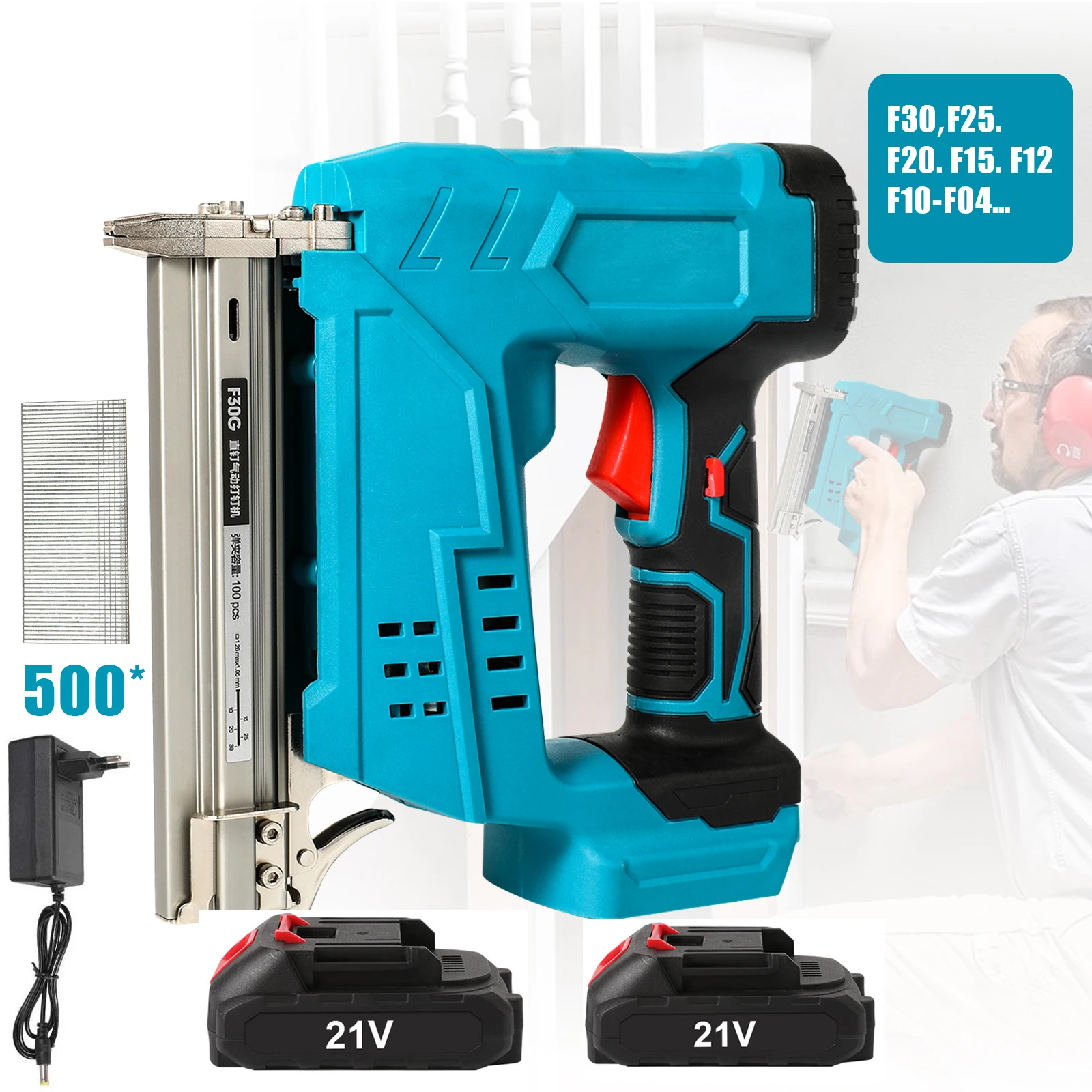 Pistola Clavadora Eléctrica con 500 Clavos Rectos F30, Pistola de Clavos Eléctrica Inalámbrica para Trabajos en Madera, Herramientas de Bricolaje para Batería Makita de 21V