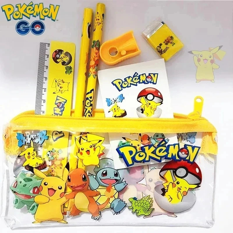 New Pokemon Pikachu Anime Figure Student Pencil Box Stationery Set Cartoon Pencil Ruler Eraser Pencil Sharpener Toys Gift