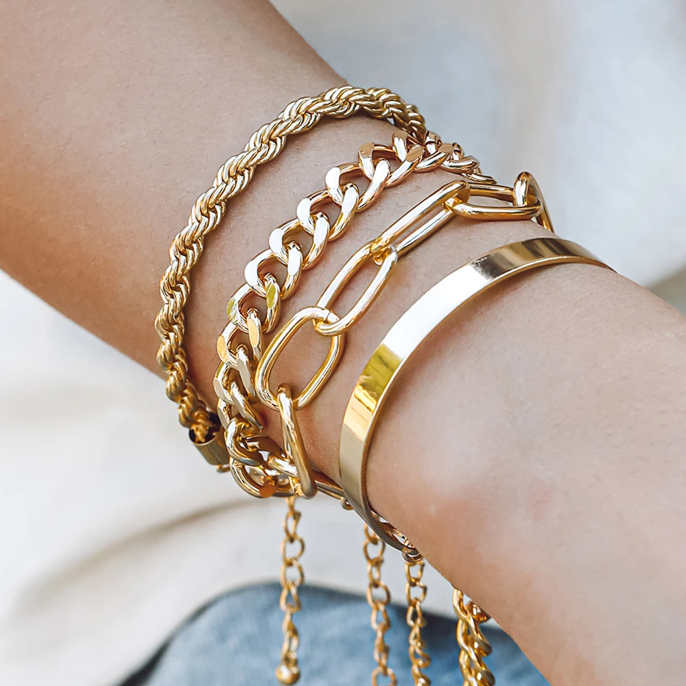 

4 Piece Set Smooth Chain stacking Bracelet Simple Hip-Hop Women Fashion Jewelry Accessories Summer Gifts