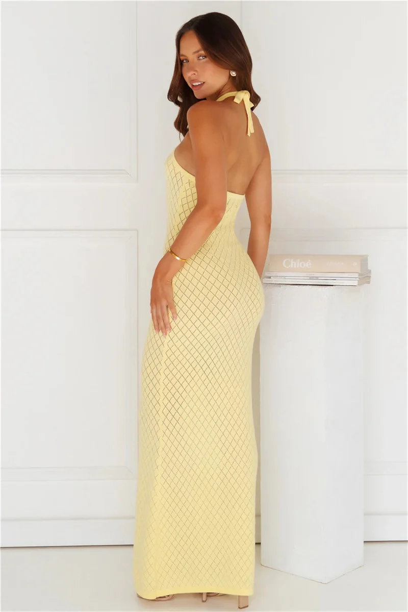 女性の背中の開いたハイスリットロング包帯ニットドレスかぎ針編みビキニカバーアップセクシーなオフショルダー夏水着女性水着