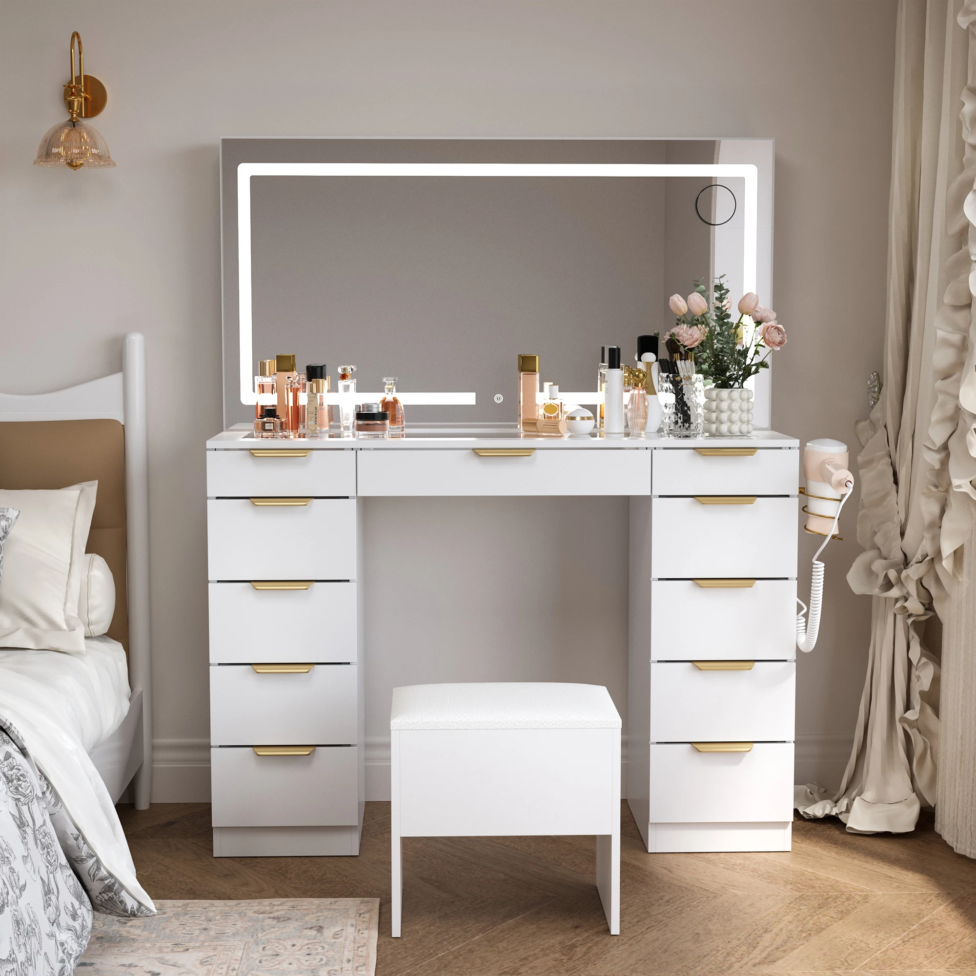 11 Drawers Vanity Desk with Golden Handles, Upgraded Silent Slides Vanity Mirror with Lights, 3 Lighting Modes Glass Top Makeup
