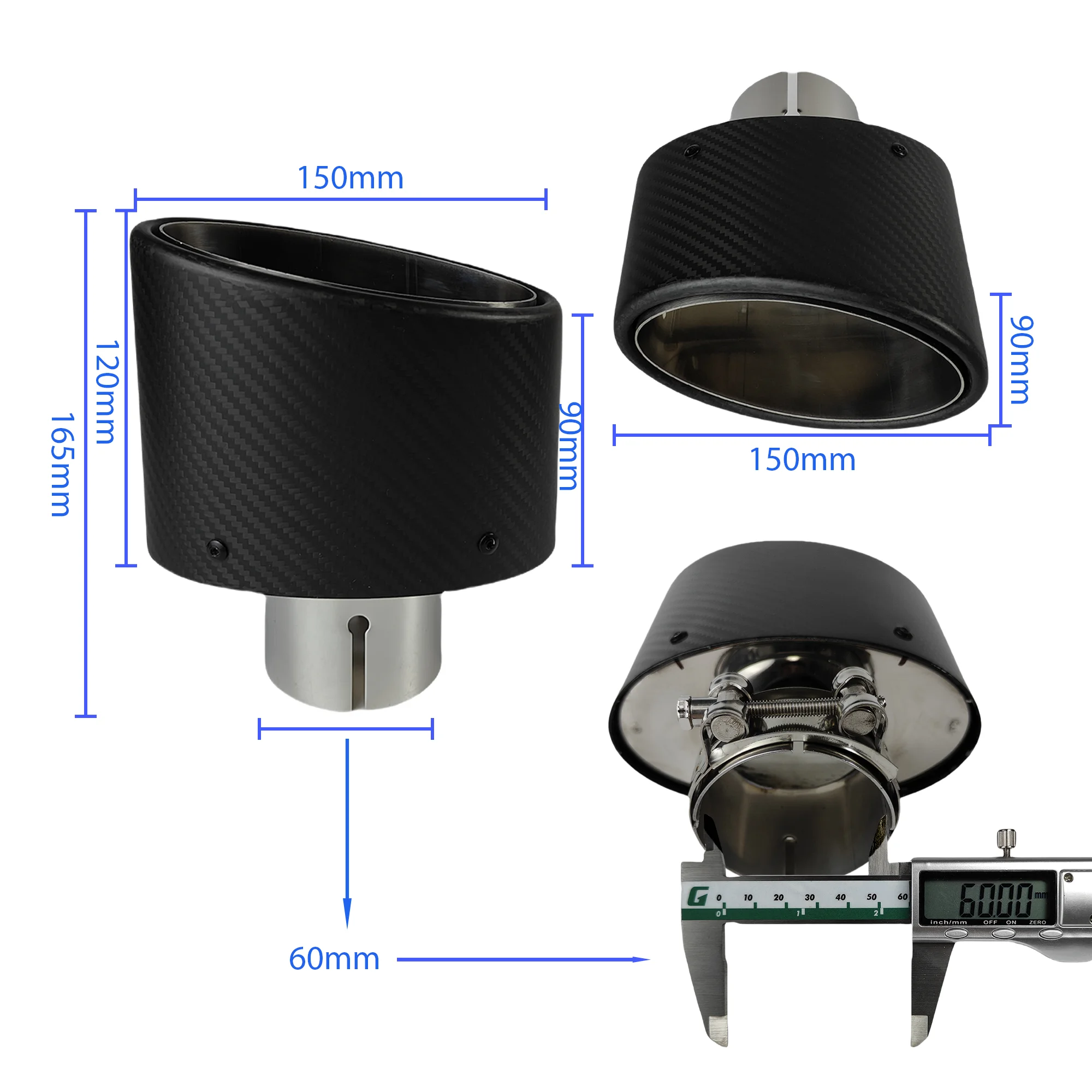 1 Stuks Universele Auto Matte Koolstofvezel Uitlaat Tip Uitlaatpijp Nozzle Decoratie Roestvrij Zilver Ovaal 150 Mm Kantelen links Rechts