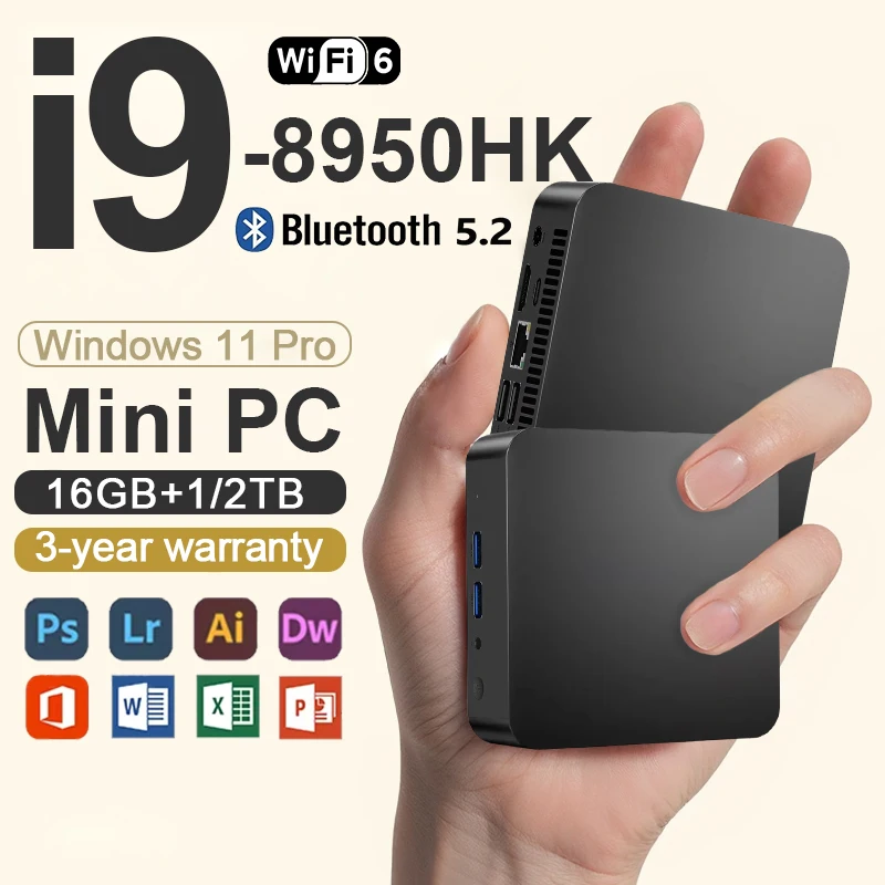 Mini PC completamente nuevo con Intel Core i9-8950HK, 16GB de RAM, SSD de 1/2TB, Bluetooth 5.2, WiFi6, Ethernet 1000M, Windows 11, para juegos y oficina.