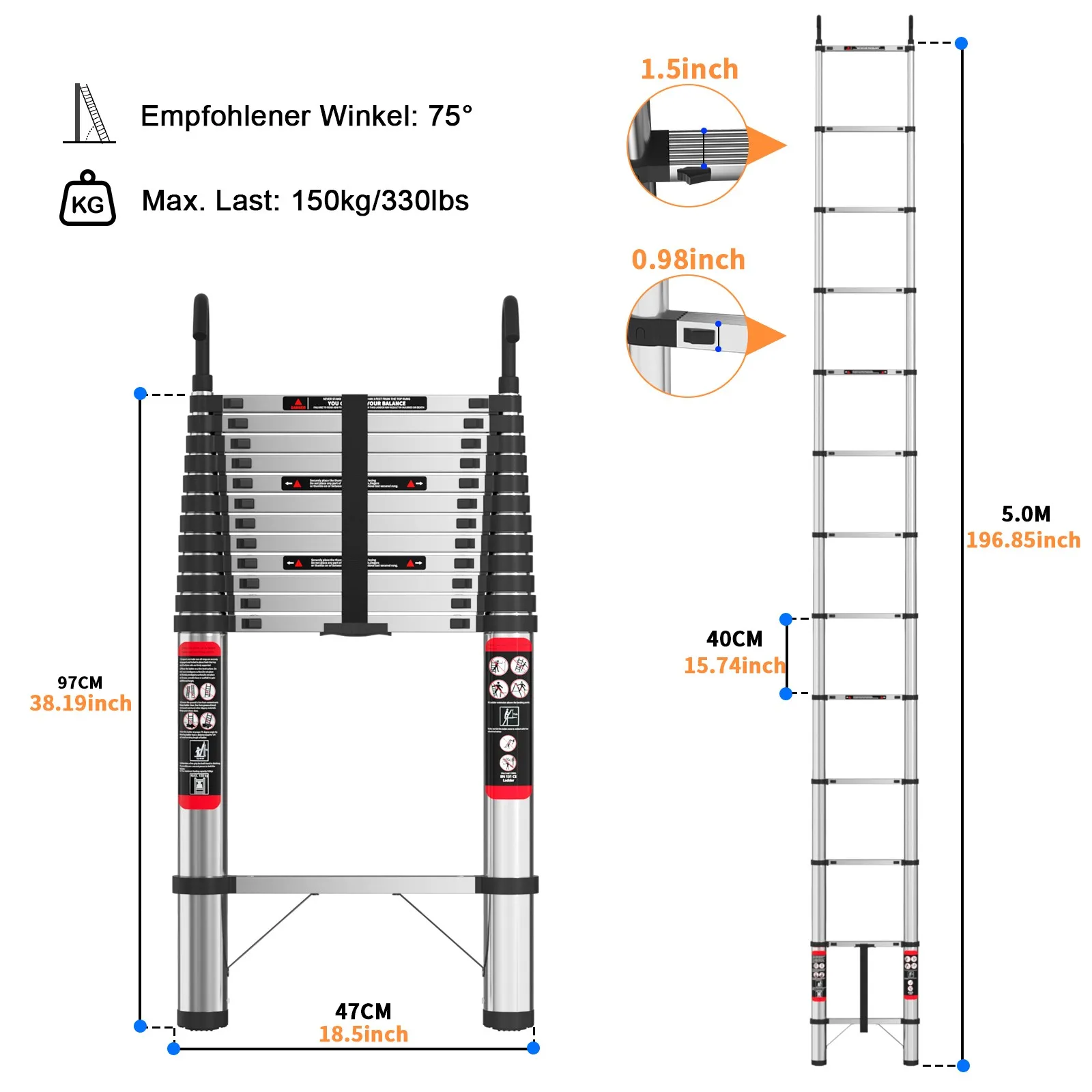 4,4 m/5 m telescopische verlengladder van roestvrij staal met 2 afneembare haken, antislipvoeten, draagvermogen van 150 kg, stevig en stabiel voor op zolder, buiten