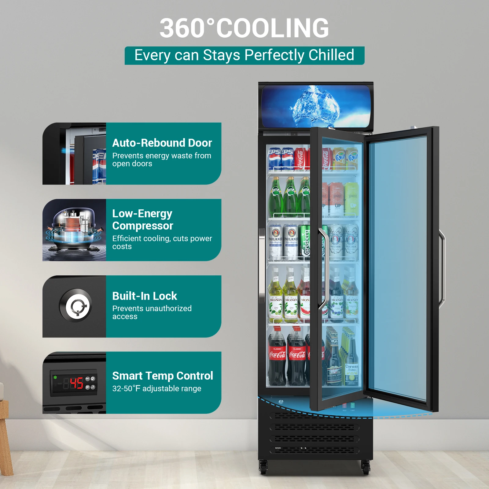 Commercial Merchandiser Refrigerator, 14.8 CU.FT Glass Door Display Refrigerator Upright Fridge, Beverage Refrigerator Cooler