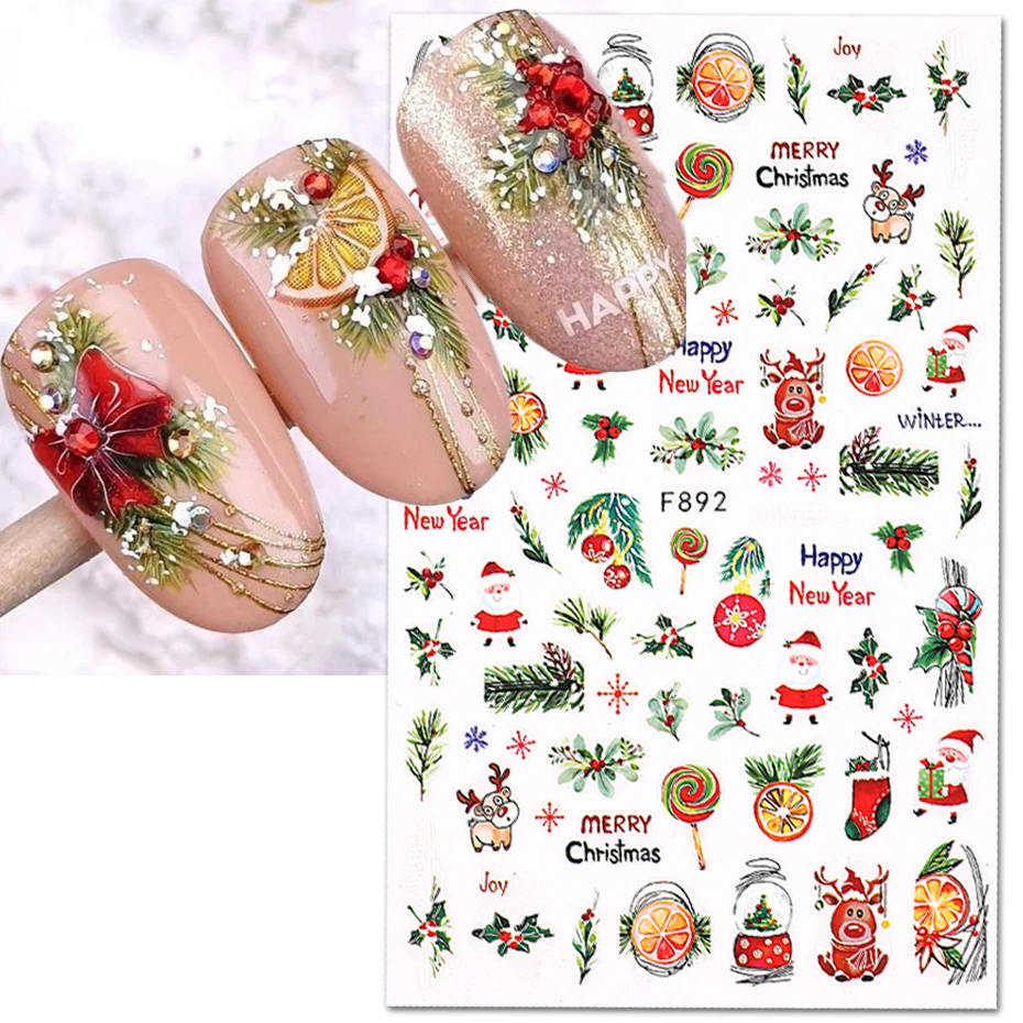 3D Christmas Sticker Nail Decal Winter Snowflake Holly Tangerines Cartoon Santa Bird 2022 New Year Nail Design Decoration BEF892