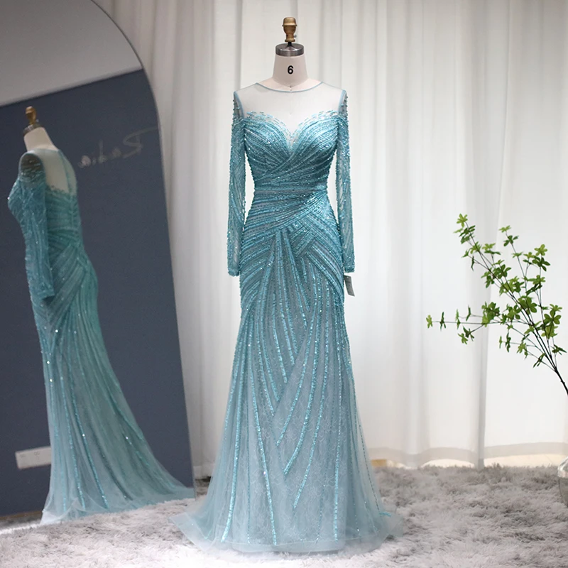 

Sharon Said Luxury Blue Sequined Mermaid Evening Dress with Long Sleeves for 2025 Dubai Wedding Party Prom Gown SS306 Customized