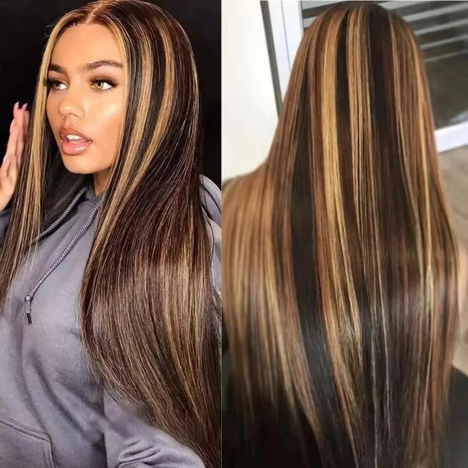 Ombre Highlight Straight Lace Front Wig, Glueless Wig, Pre-arrancado, 180% Densidade, Cabelo Humano, 4/27 Wear, 7x5 HD, 20 em