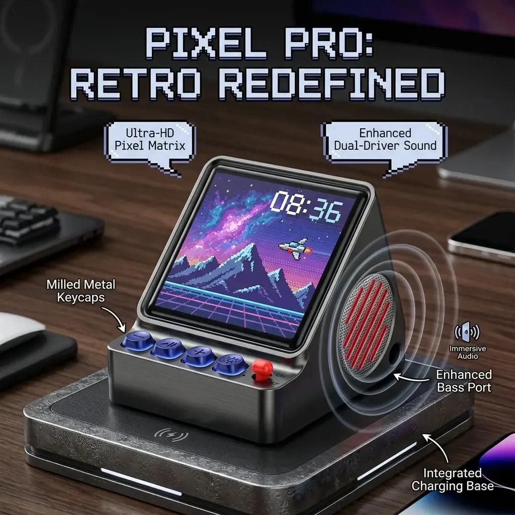 Retro Pixel Art Programmable LED Display Portable Speaker, DIY Custom Screen Gaming Desk Setup Audio Box, Creative Bedroom Decor Sound System for Men Adults, Dual-Driver Bass Milled Metal Keycaps