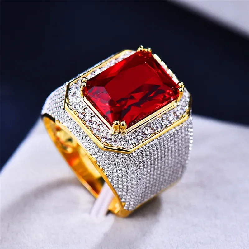 Magnifique grande bague en pierre de Zircon rouge pour hommes et femmes, grand couleur or jaune, bijoux de fiançailles et de mariage pour femmes