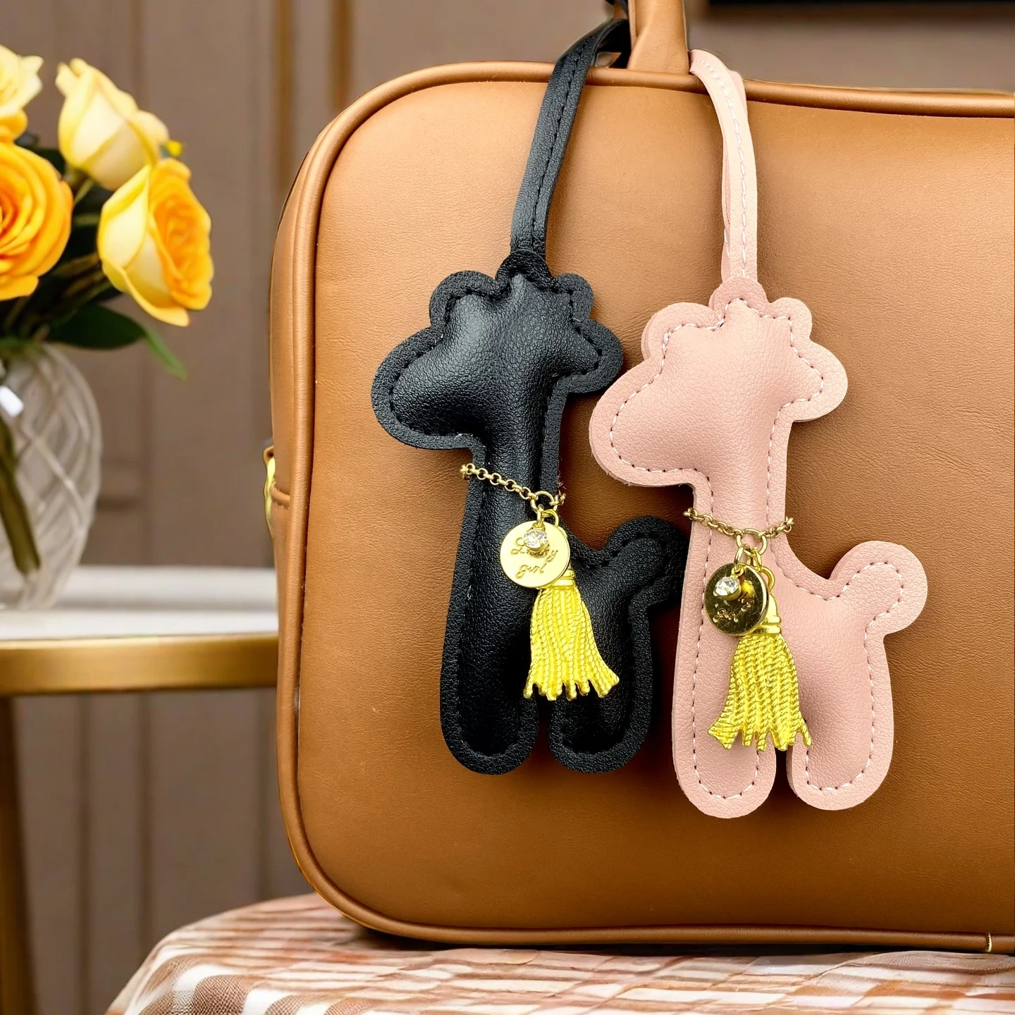 Leather Giraffe Keychain Tassel, Faux Leather Bag Charm, Multi Color Handmade Purse Accessory, Gift for Elegant Lady