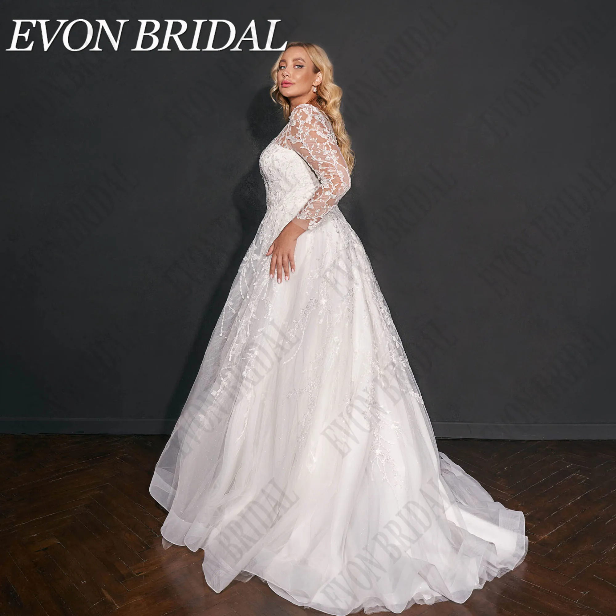 

EVON BRIDAL Customized Plus Size Elegant Bride Gowns O-Neck Applique Lace Wedding Gown Sweep Train vestidos de novia Long Sleeve