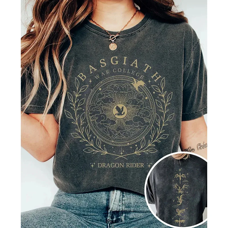 

Fourth Wing Double-Sided Print Shirt 100% Cotton Washed Distressed Top Dark College T Shirt Subtle Bookish Merch Y2K Top