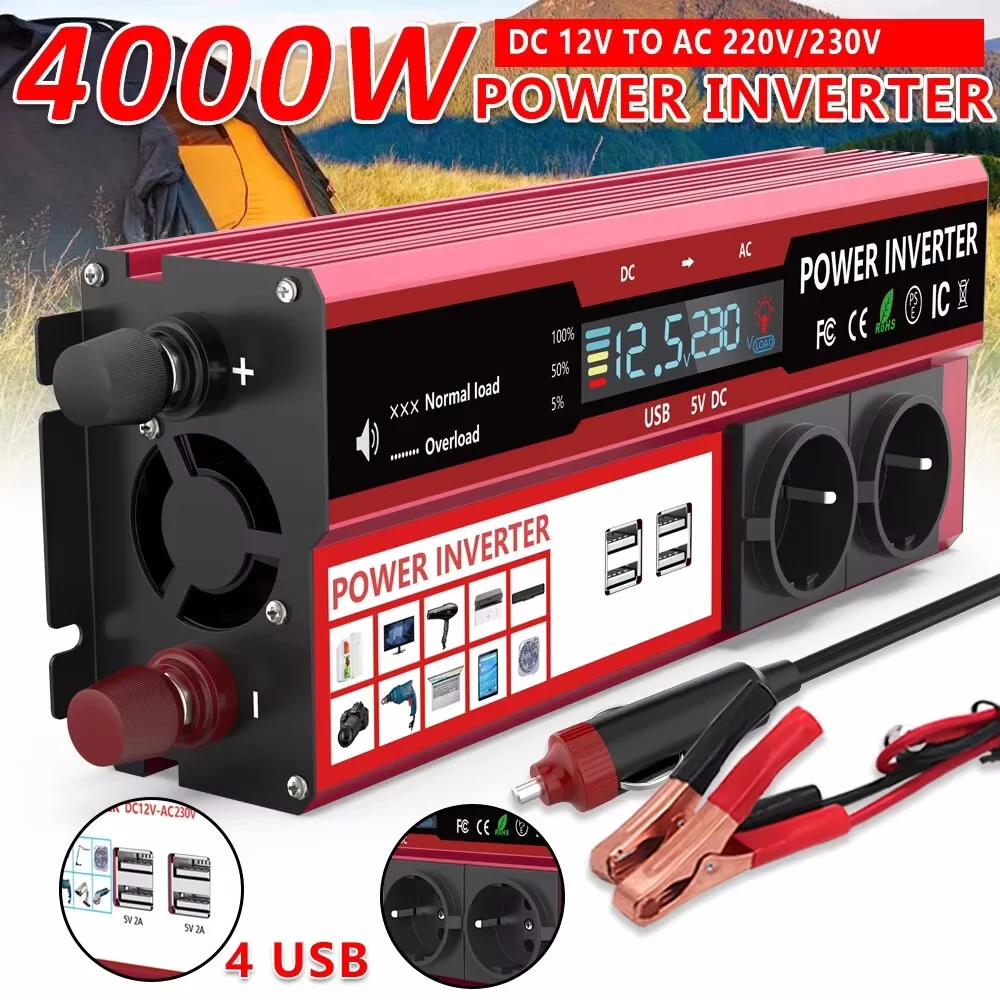 4000W 3000W Power Inverter DC 12V To AC 220V transform with 4 USB EU pocket charging with LED Display for RV Phone Car