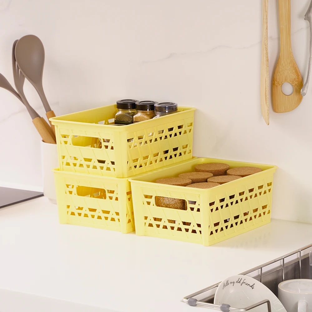 Stackable plastic basket small 3 sets storage container bins for organizing desks, cosmetic, shelves, kitchen cabinet,  pantry and wardrobe.