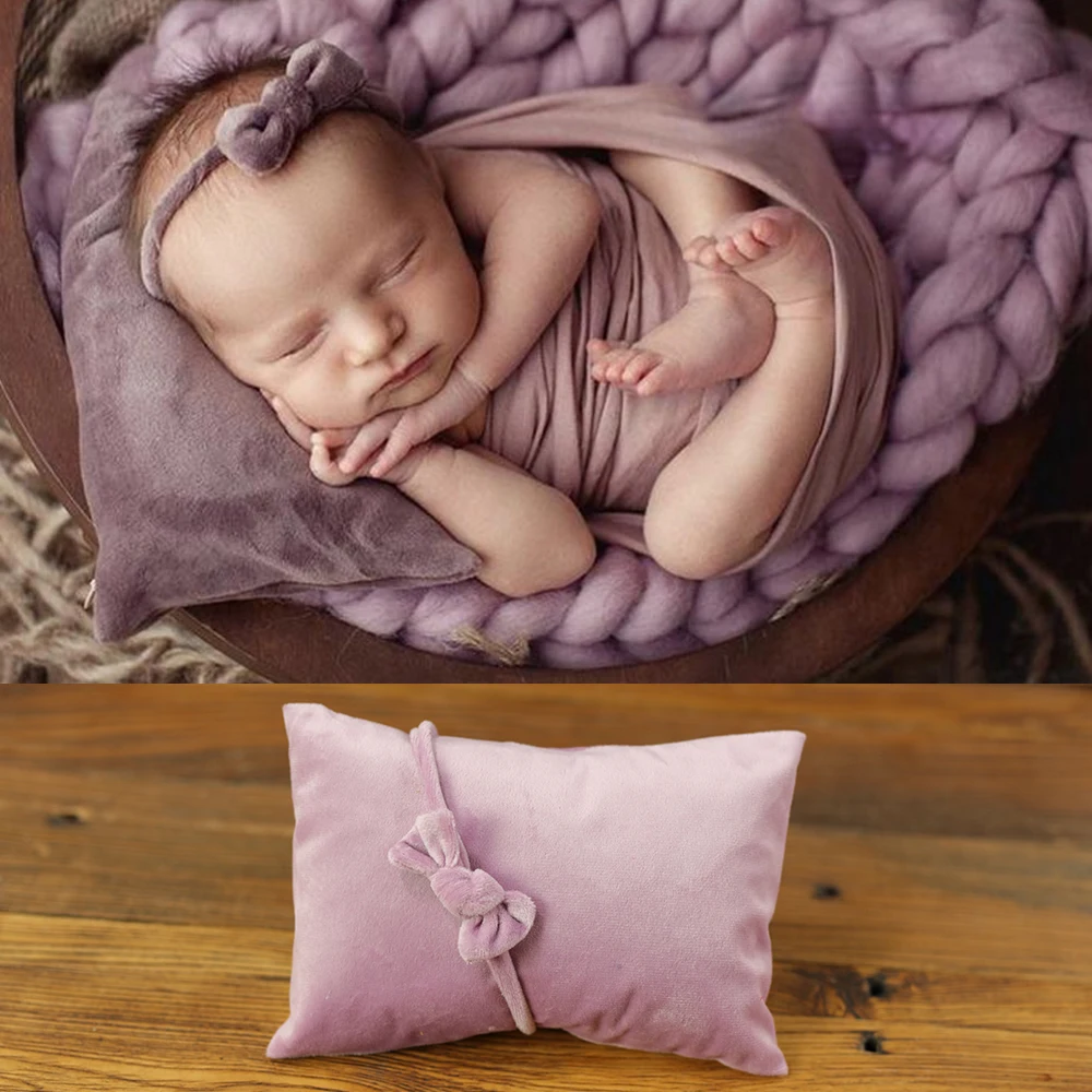 2 Pcs Newborn Session Photography Props Pillow Headband Tieback Baby Girls Photo Shower Velvet Cover Case Bebe Poser Posing Aide