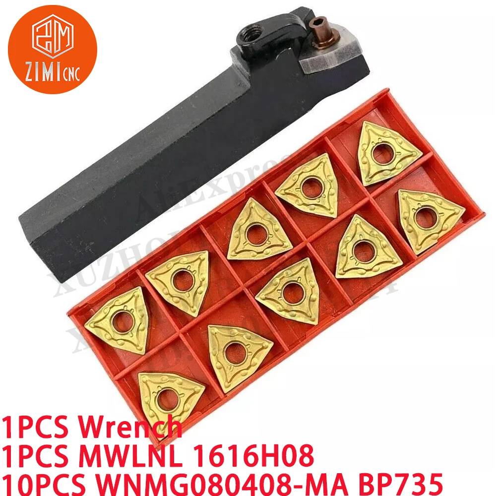 

1P MWLNL1616H08 Index External Lathe Turning Holder +10PC WNMG080408-MA BP735 Carbide Inserts CNC metal mechanical cutting tools