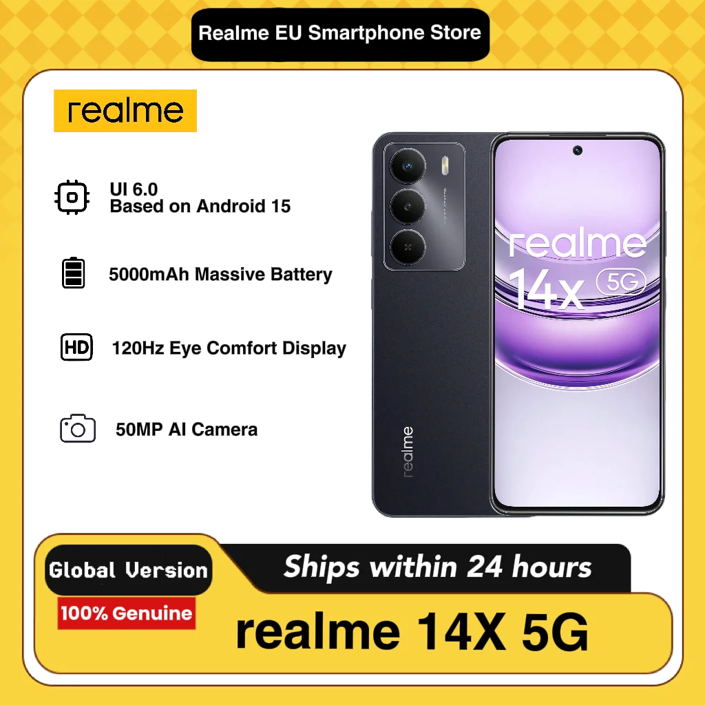 realme 14X 5G AI Phone 8GB+256GB LTE, Version Globale, Android 15, Processeur Mediatek Dimensity 6300, Batterie Grande Capacité 5000mAh