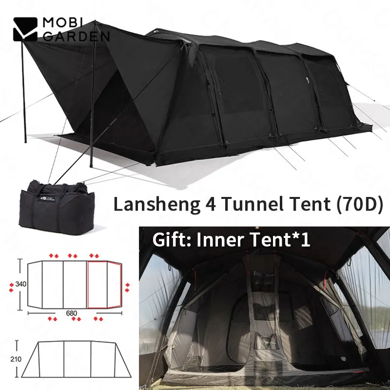 

MOBI GARDEN Outdoor Camping Tunnel Tent 8 People Family Large Space Trapezoidal With Snow Skirt Tent Gift Inner Tent 70D Nylon