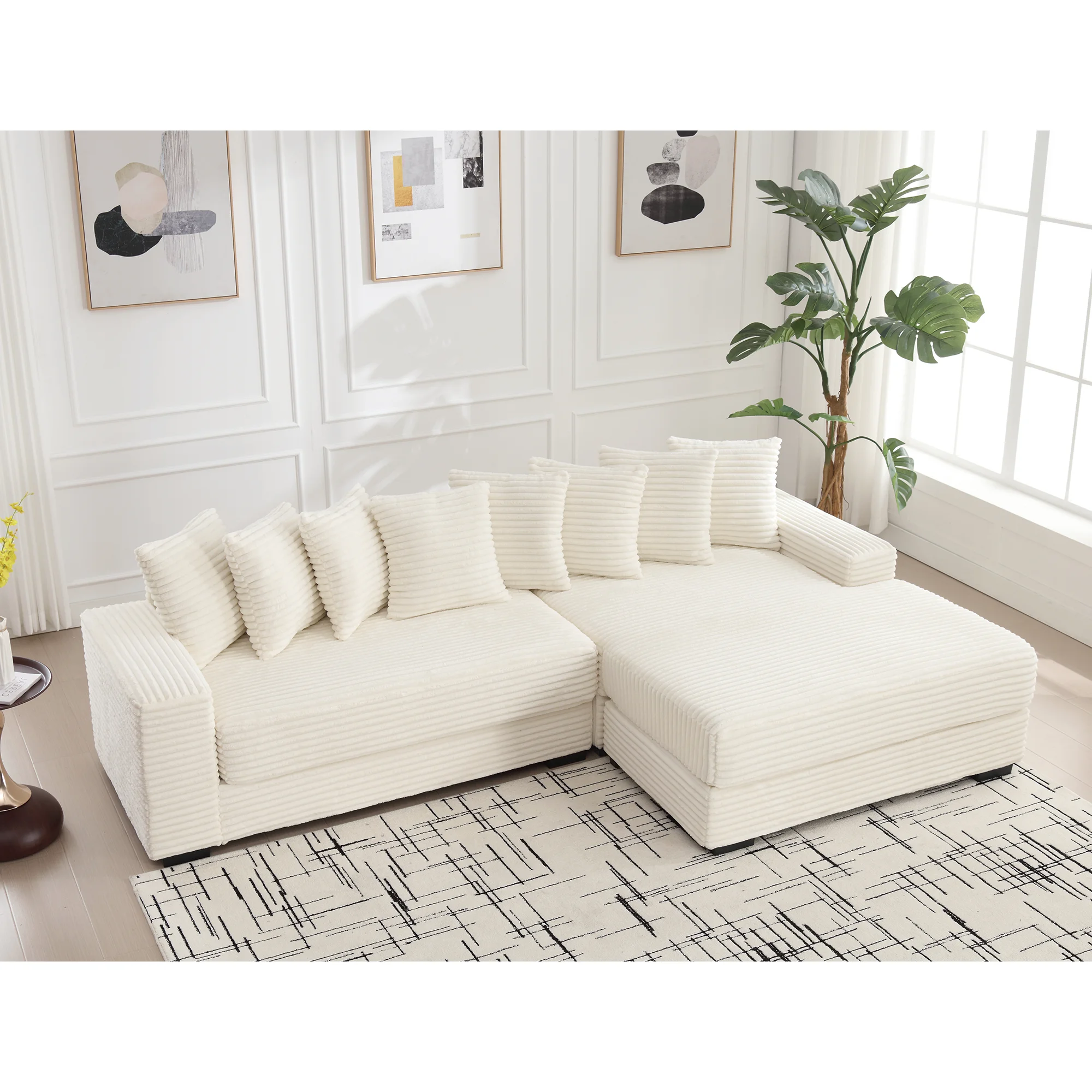 2025 new model Oversized Two-Piece L-Shaped Sofa, Corduroy, Right Chaise Daybed, Armrests, 8 Throw Pillows, Corner Sofa