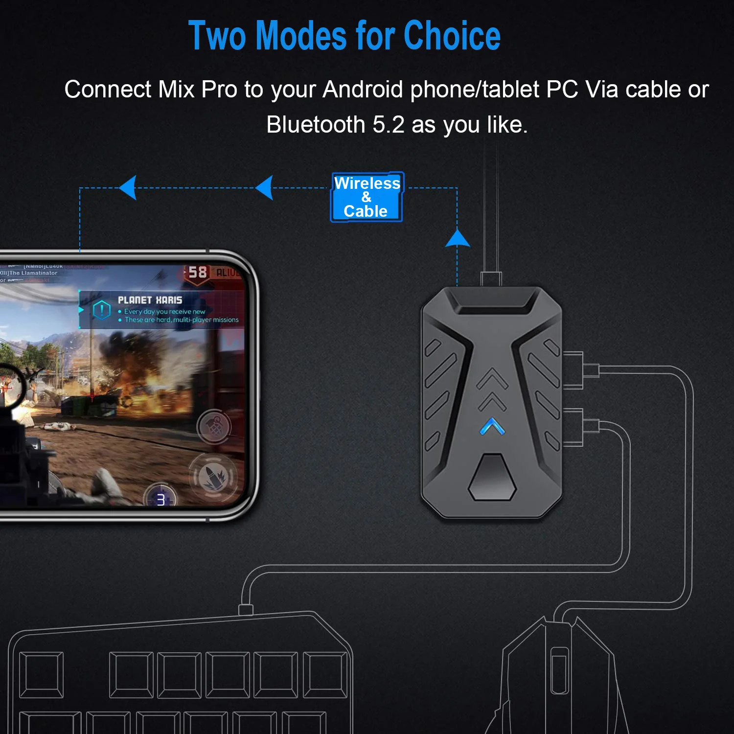 Mobile Games Converter Gaming Keyboard and Mouse Kit One Hand Gamer Keyboard Controller Bluetooth Wired Two Modes Mix Pro for PU