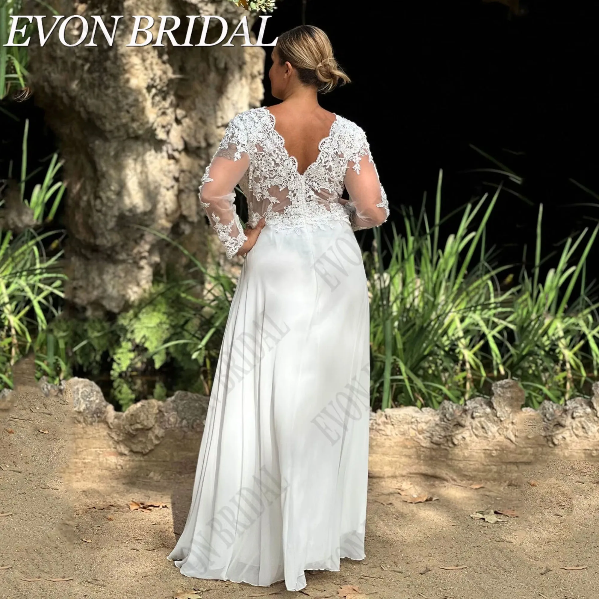 Suknia ślubna oversize z długim rękawem, głęboki dekolt w serek, szyfonowa suknia ślubna w kształcie litery A, aplikacje, seksowna suknia Vestido De Novia EVON BRIDAL, szyta na miarę