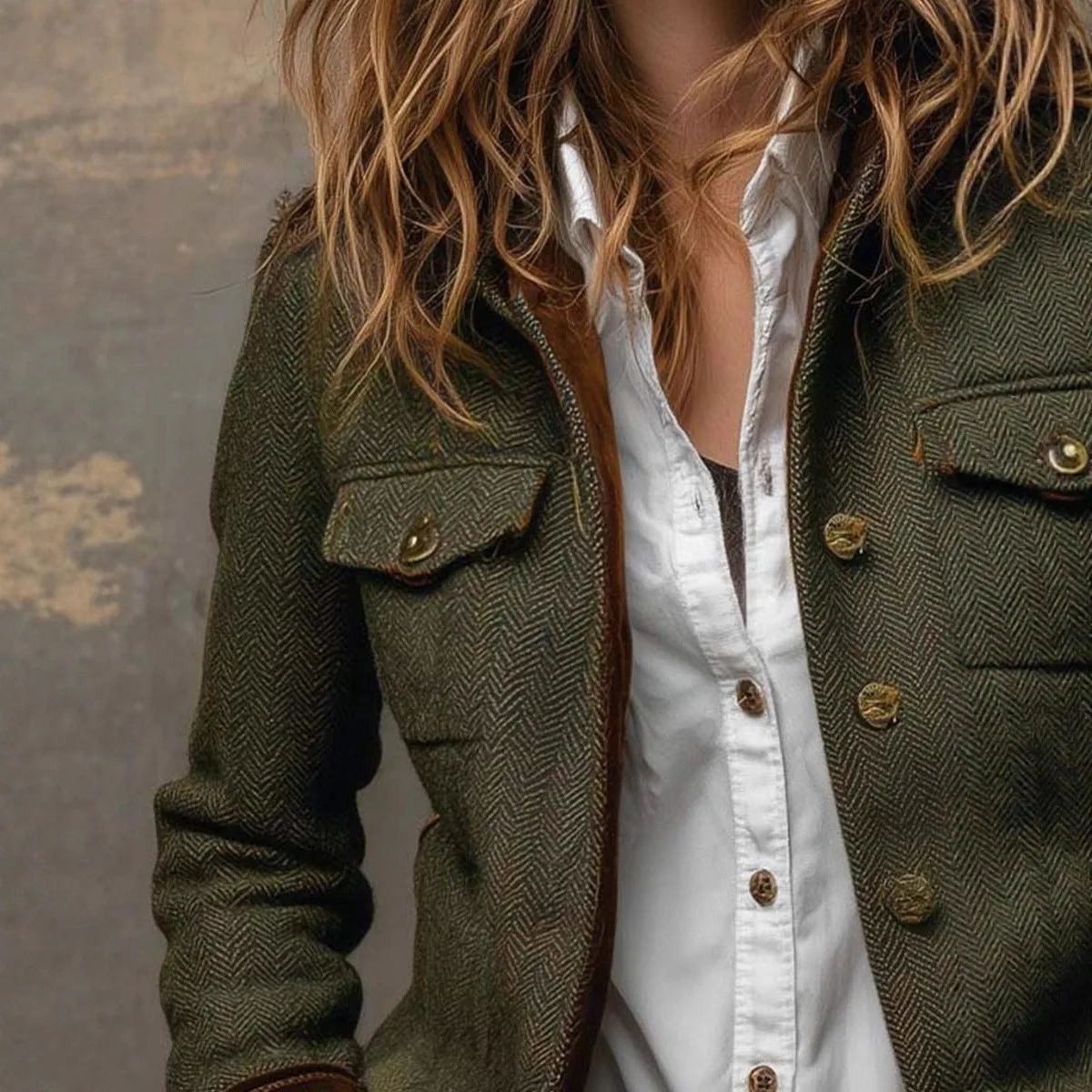 Regular Fit Long Sleeve Coat Literary Vintage with Button Detail Patchwork Construction Herringbone Pattern Women Autumn Coat