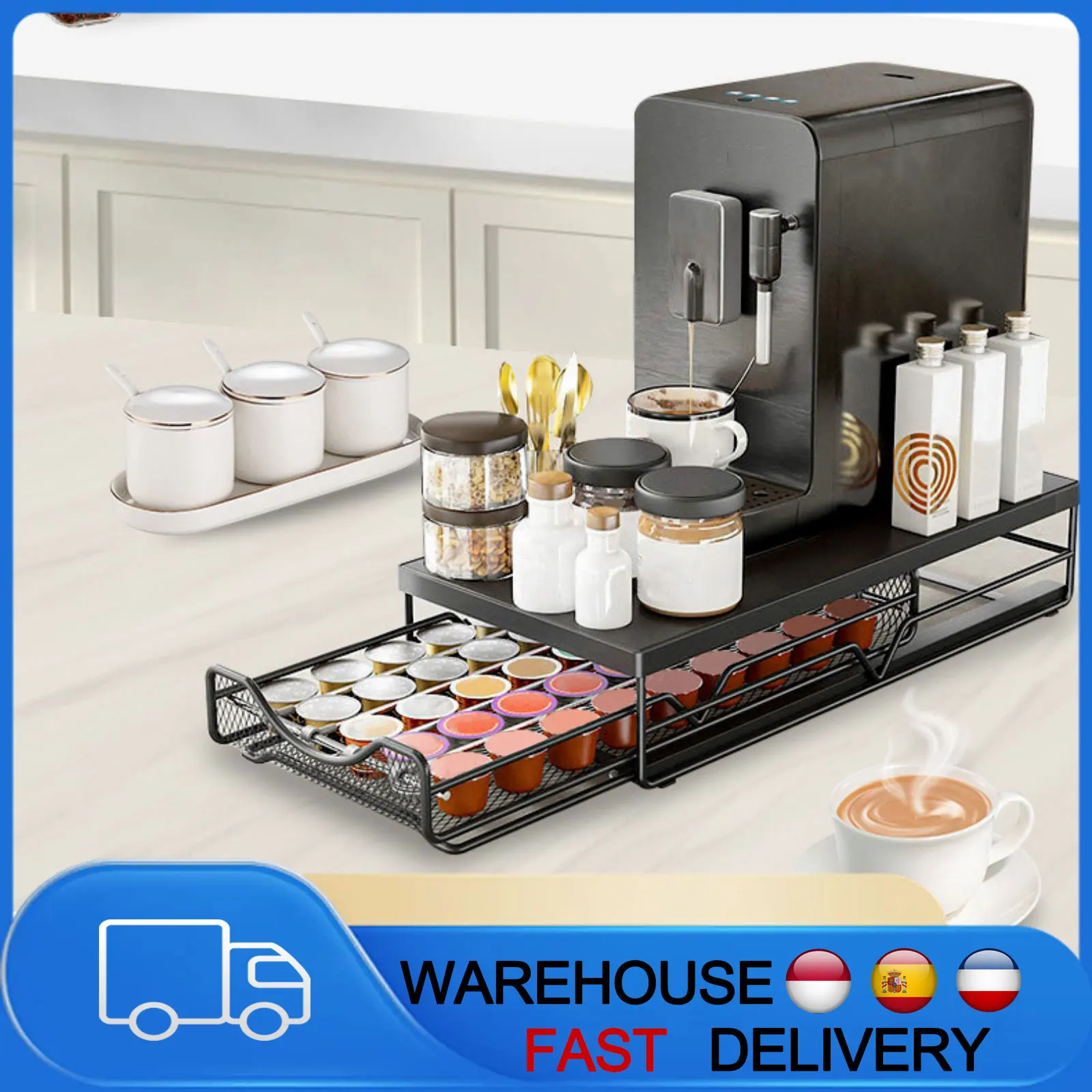 Tiroir de rangement pour capsules de café, support pour dosettes de café peu encombrant avec maille et pieds antidérapants, organisateur grande capacité