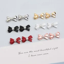 10Pcs Ribbon Metal Bow Nail Art Charm 3D Light Luxury Pink Lovely Pearl Bow Rhinestone Nail Decoration DIY Manicure Accessories