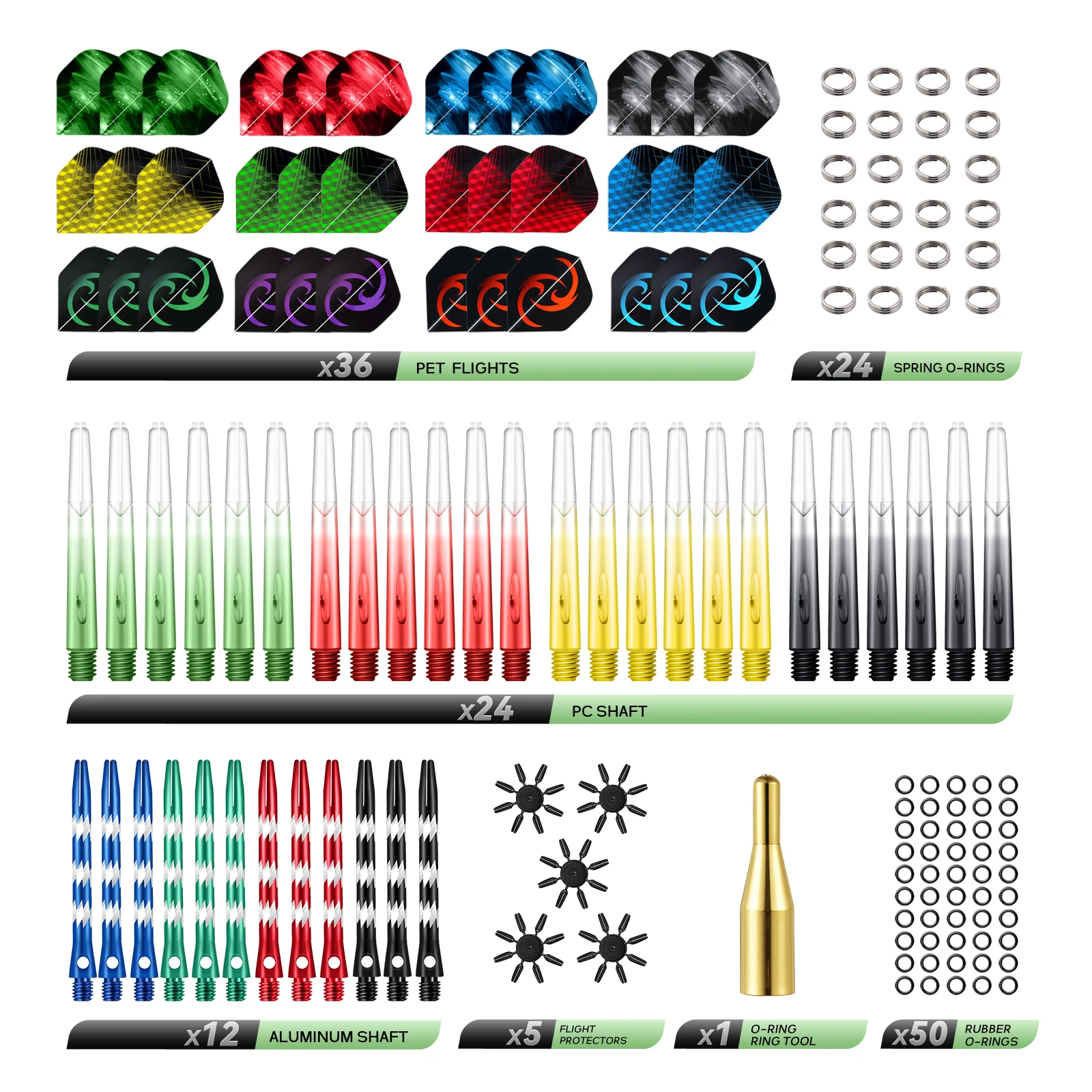 Huanqu Dart Accessories Set Includes a Total of 152 Pieces, Including 36 Standard Pet Dart Wings, 24 Plastic Rods, 12 Aluminum Rods, 5 Dart Wing Protectors, 24 Spring Rings, 50 Rubber Rings, and Installation Tools, Suitable for Various Darts, Ideal for All Dart Players, and a Top Choice for Professional Players