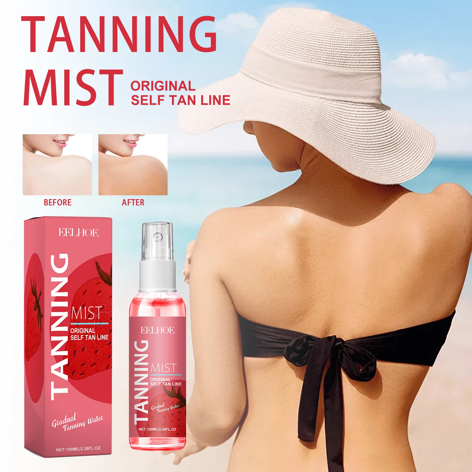 

EELHOE Strawberry Tanning Mist Spray Moisturizing Brighten Skin Tone Self-Tanning Body and Face Fake Tan Sunless Tanning Spray