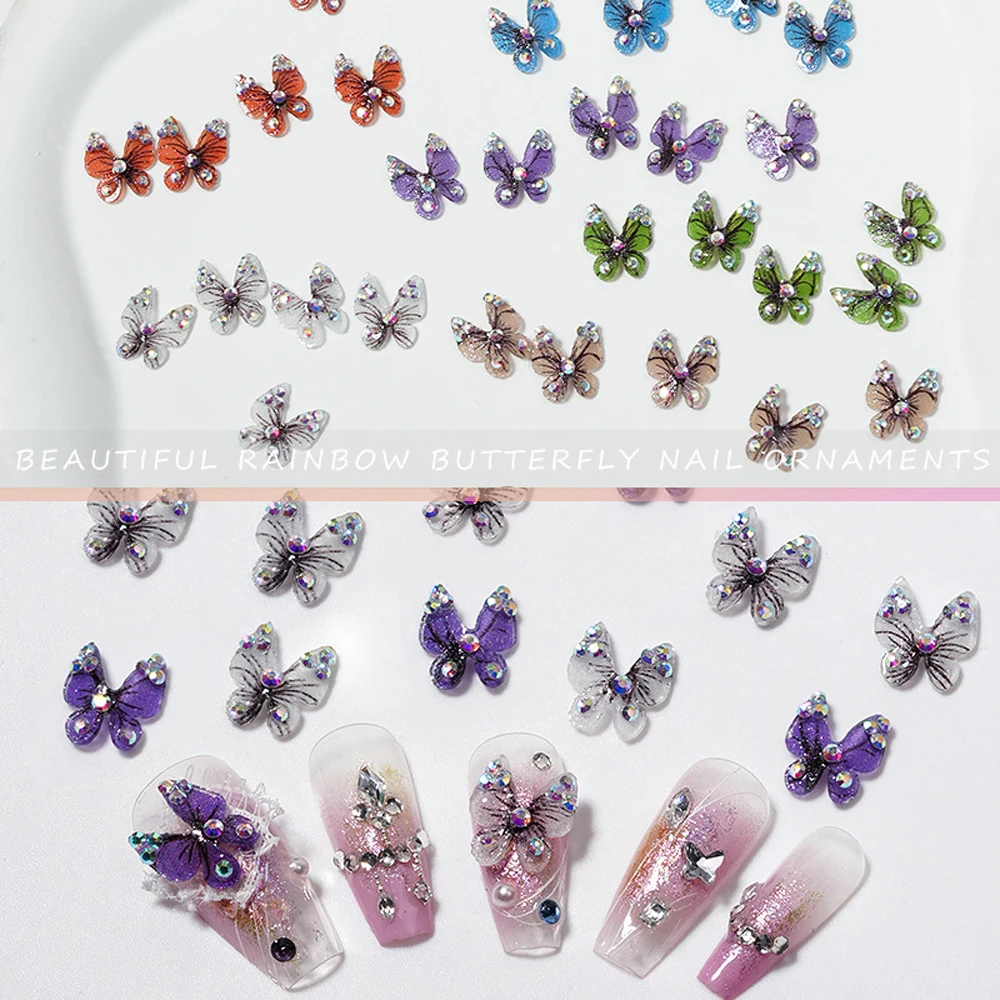 10Pcs 3D Acrylic Butterfly Nail Art Charms Aurora AB Diamond Butterflies Nail Rhinestone Decorations Cute DIY Nail Accessories