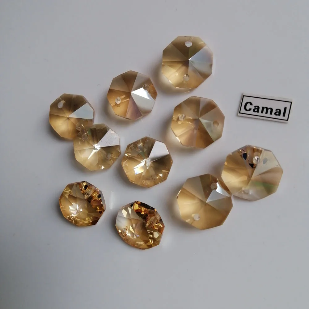 Camal – perles octogonales en cristal, couleur Champagne, 14mm, 1 trou/2 trous, pour éclairage de lustre, partie rideaux, décoration de maison, mariage, 20 pièces