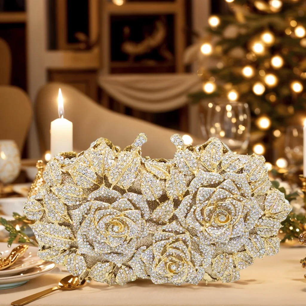 Dazzling Rose Rhinestone Evening Bag for Women Chic Floral Crystal Clutch Purse Wedding Handbag for Formal Banquet Party