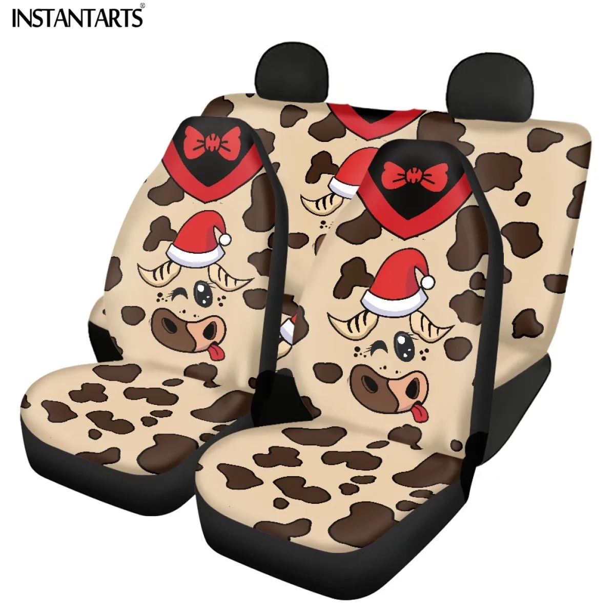 INSTANTARTS Unique Christmas Cow Design Vehicle Seat Covers Set Beautiful Dirt Resistant Easy Clean Automobile Protector Cushion