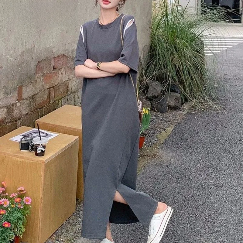 Lato nowy Oversize jednolity kolor okrągły dekolt z krótkim rękawem t-shirt sukienka damska moda pusta wygodne, dopasowane sukienki Maxi — zdjęcie 2
