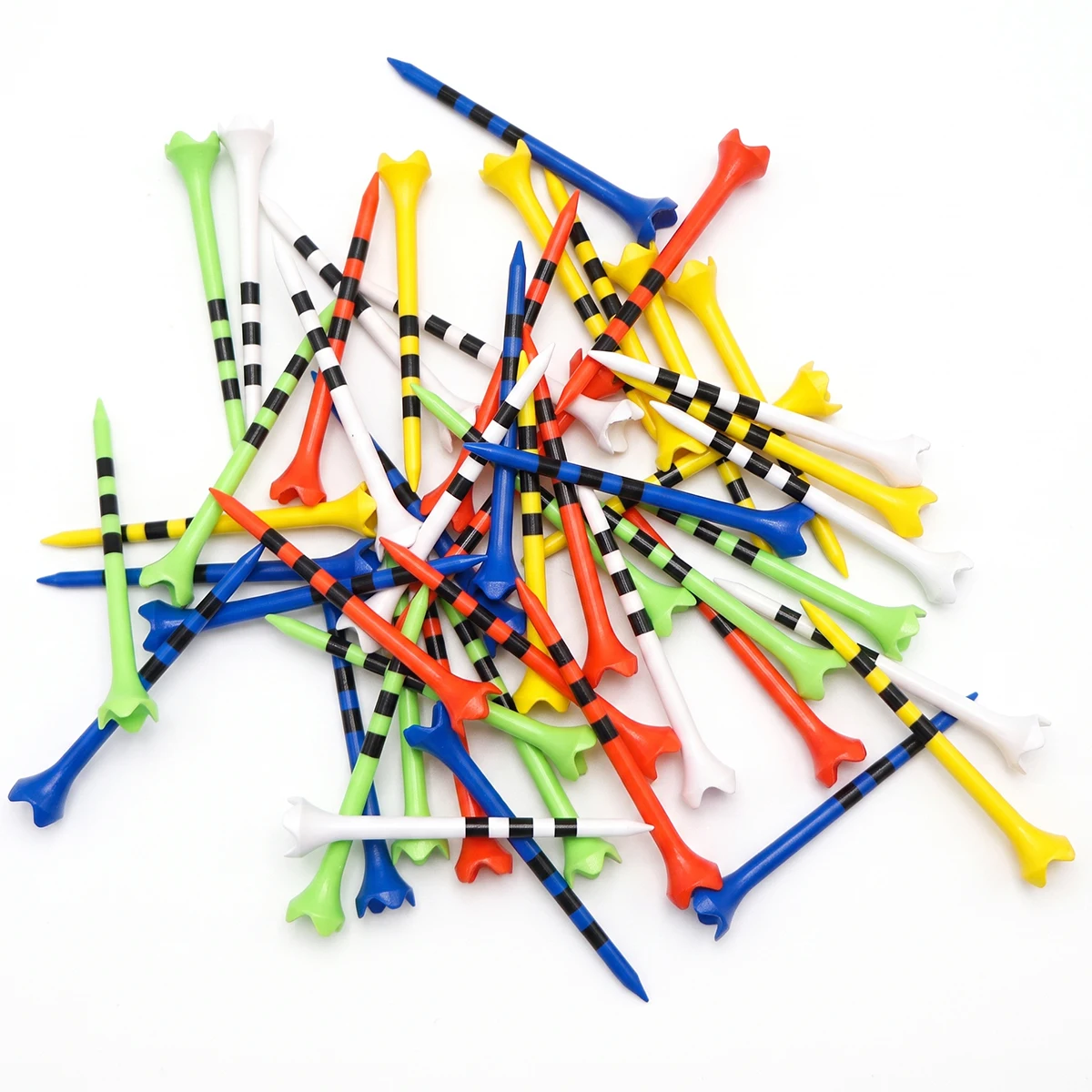 Striped, Multi-Colored, Four-Prong Golf Tees—Available in a Mixed Pack of 50 (Five Colors) and Offered in Two Size Options.