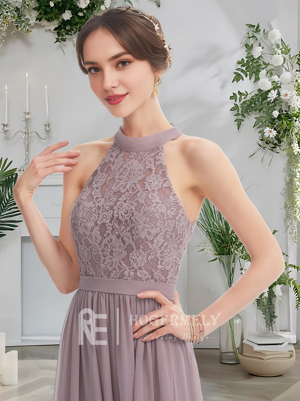 JOM Dusk Elegant Halter Neck A-Line Floor-Length Chiffon Lace Bridesmaid Dresses Wedding Party Guest Cocktail Evening Dress​
