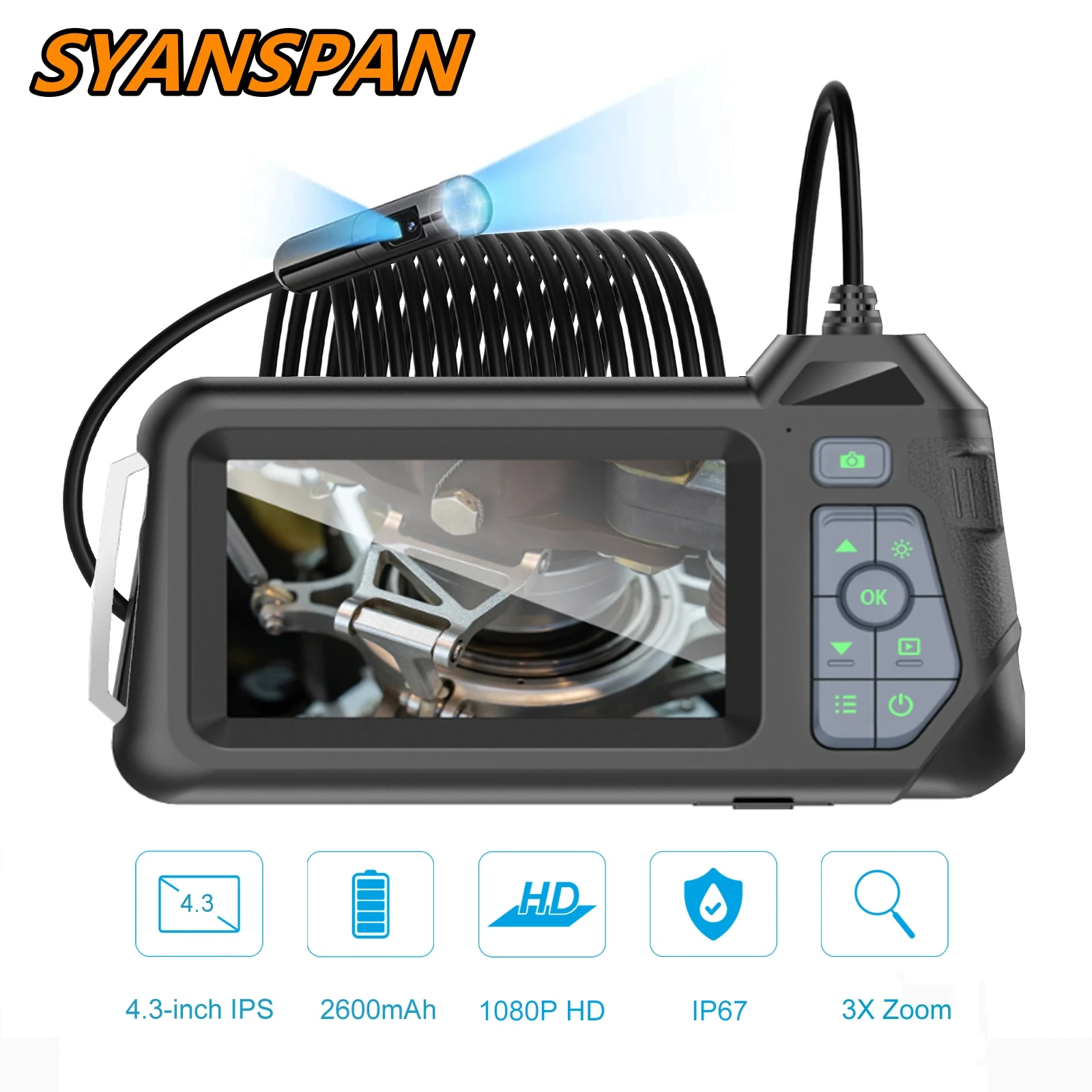 SYANSPAN 4.3“ HD Screen 8mm Endoscope Camera IP67 Waterproof 2600mAh Battery Pipe Inspection Camera HD 1080P for Pipe Car Repair