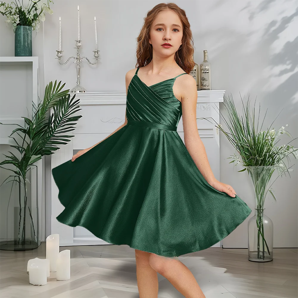 Vestido de dama de honor junior con cuello en V de diseñador, vestido de niña de flores azul brumoso, corte en A, satén elástico, hasta la rodilla, jardín, boda