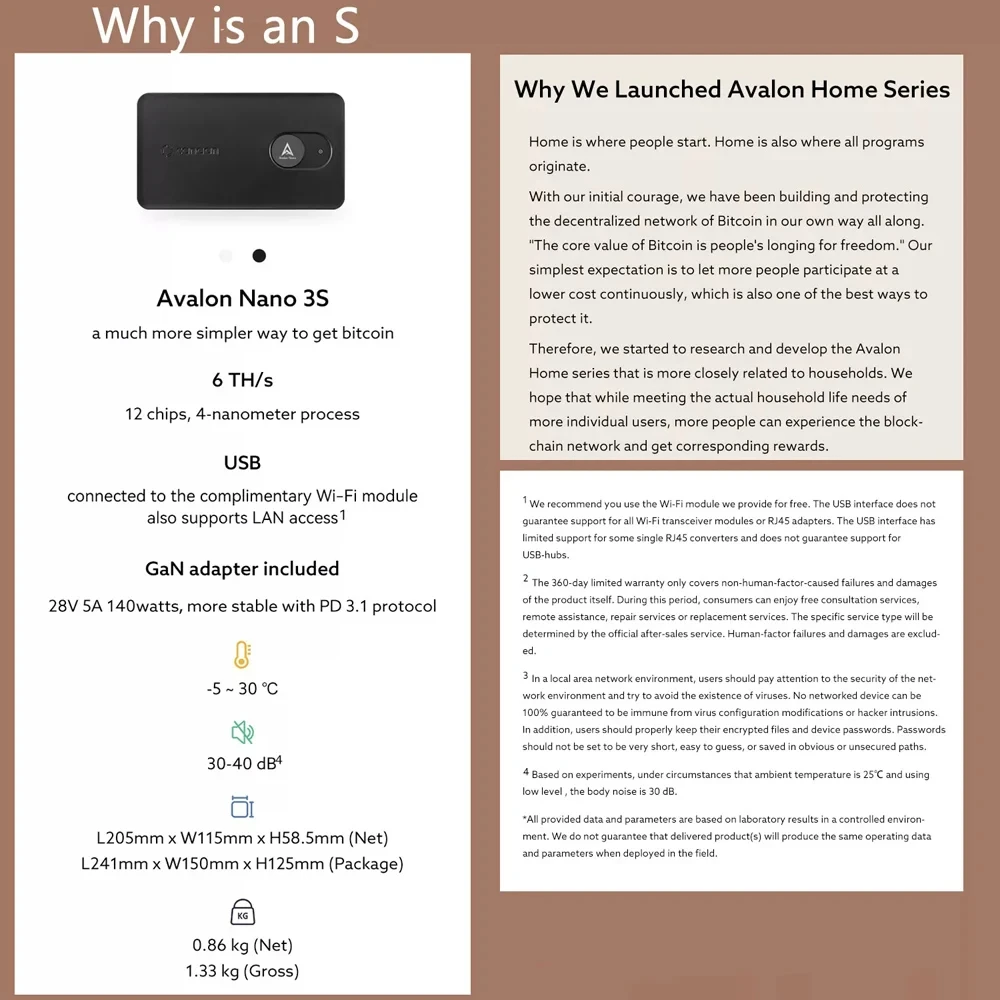 New Canaan Avalon Nano 3S 6Th/s 140W BTC Miner Bitcoin Miner ホワイト/ブラック ホーム オフィス ヒーター PSU 付き