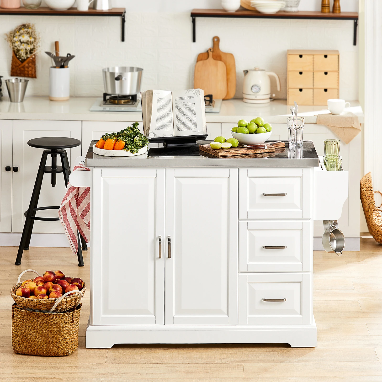 SoBuy Carrello da cucina di lusso FKW41 con armadio da cucina in lamiera di acciaio inossidabile con credenza a 4 mulinelli nascosti con espandibile