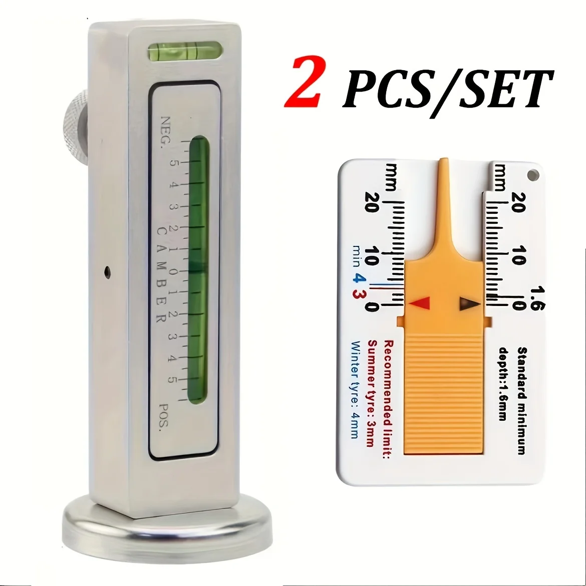 2Pcs Adjustable Magnetic Gauge Tool with Tire Tread Depth Gauge, Automotive Camber Castor Strut Wheel Alignment Tools