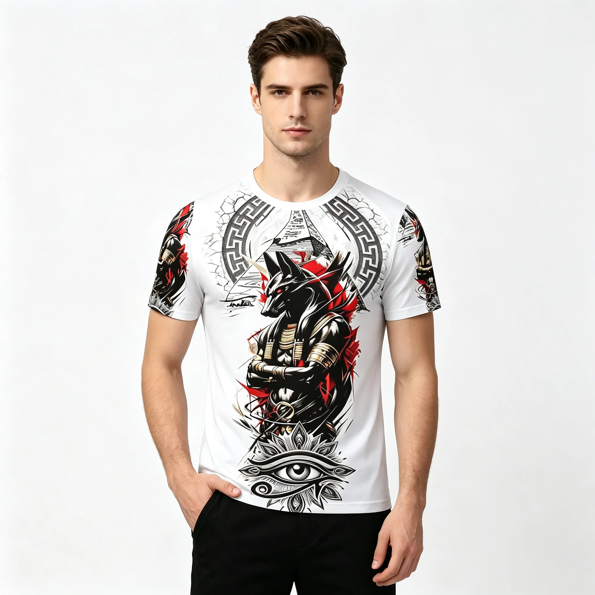 Men's Ancient Egyptian Anubis  Print T‑Shirts, Vintage Pyramid Horus Eye Graphic Short Sleeve Round Neck Casual Summer Tops